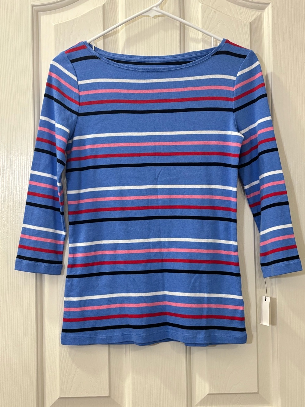 Talbots Blue Striped Boatneck Top with Pink & White Accents